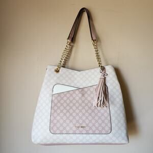 Nine West Purse Large Shoulder Bag Pink Cream Tote Tassel Chain Link Strap